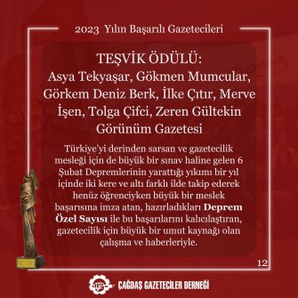 ÇGD, “2023 Yılın Başarılı Gazetecileri Ödüllerini” açıkladı: Görünüm’e Teşvik Ödülü